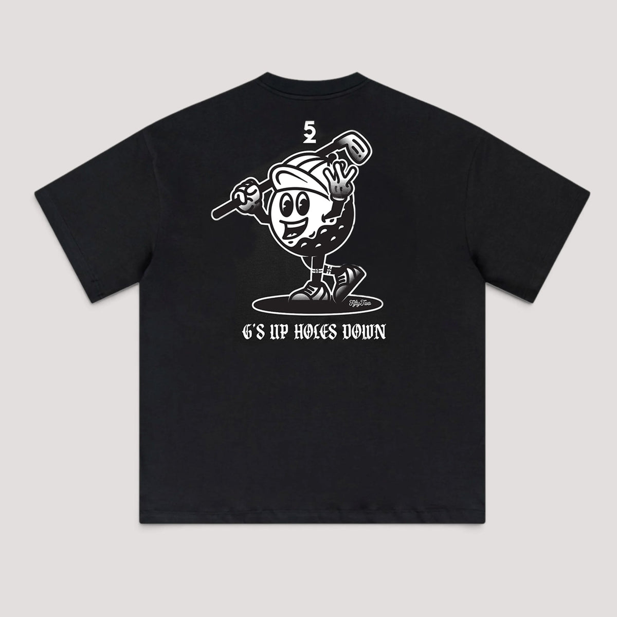 A black short-sleeve t-shirt shown from the back, featuring a large white graphic of a cartoon character and the text 'G'S UP HOLE'S DOWN' underneath.