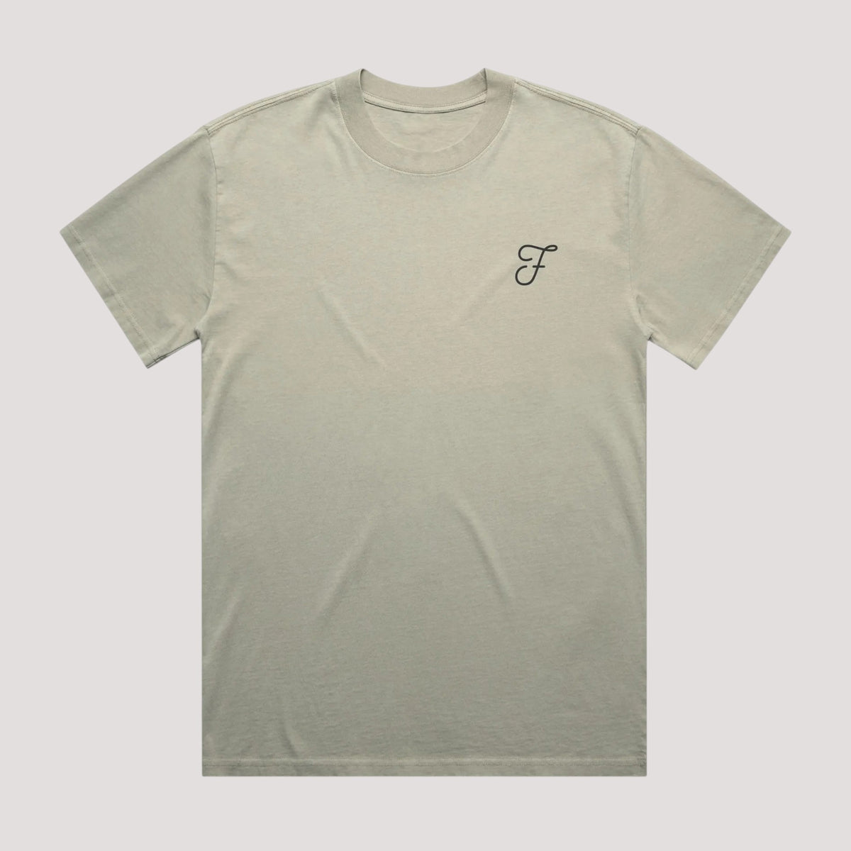 A light sage green crewneck t-shirt with a small black cursive 'F' logo on the left chest, displayed flat against a neutral light gray background.