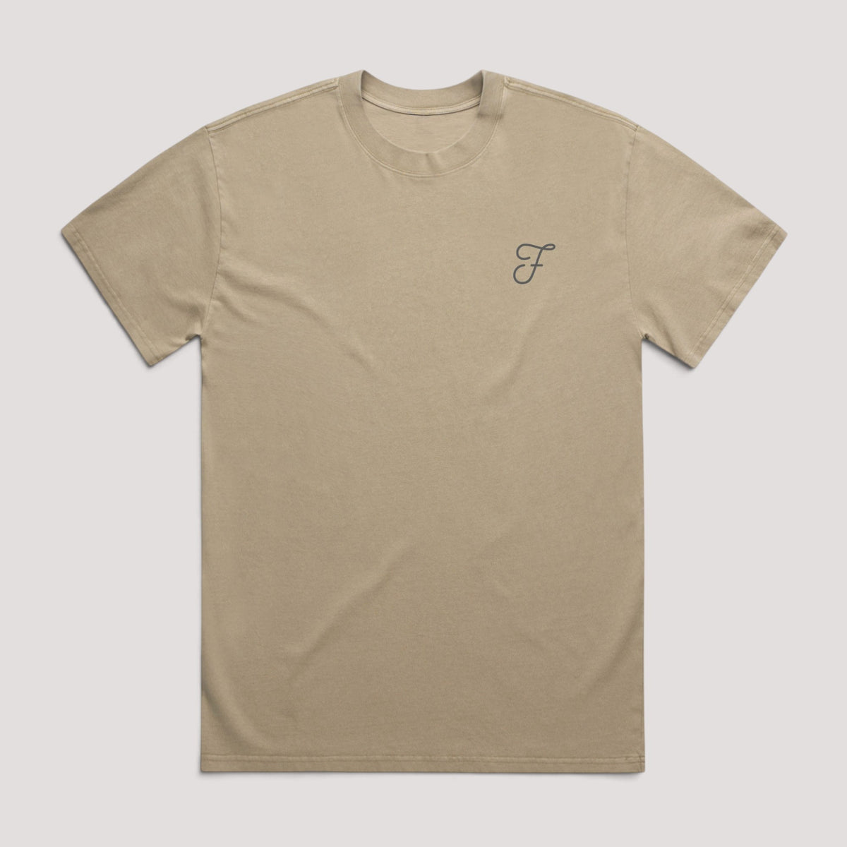 A beige short-sleeve crewneck t-shirt with a small dark gray cursive 'F' logo on the left chest, displayed flat against a light gray background.