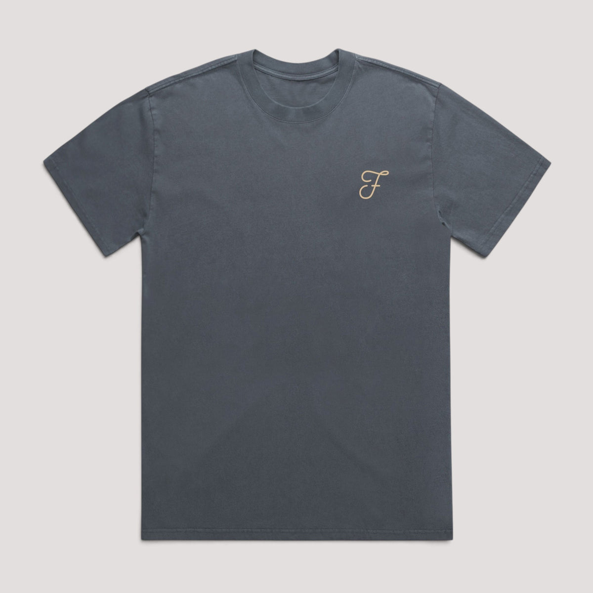 A dark gray short-sleeve crewneck t-shirt with a small gold embroidered script 'F' logo on the left chest, displayed flat against a light gray background.