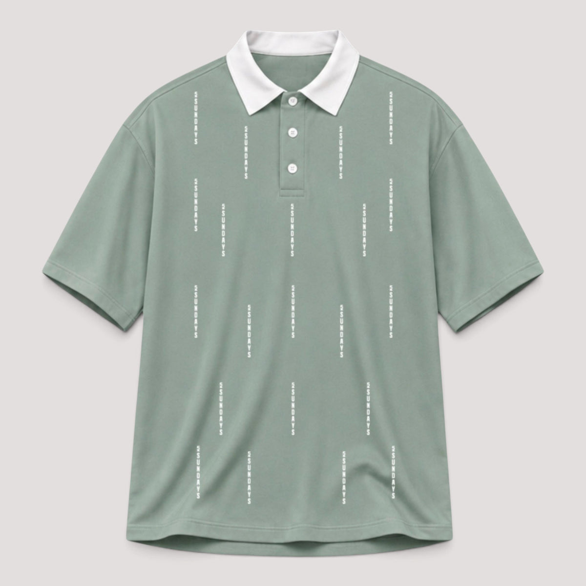 A sage green short-sleeve polo shirt with a white collar and white vertical dashed line patterns, displayed on a neutral light gray background.