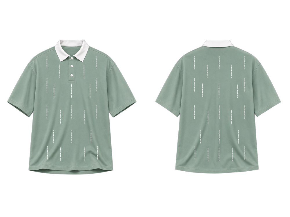 Green polo shirt with white collar and pattern on a white background