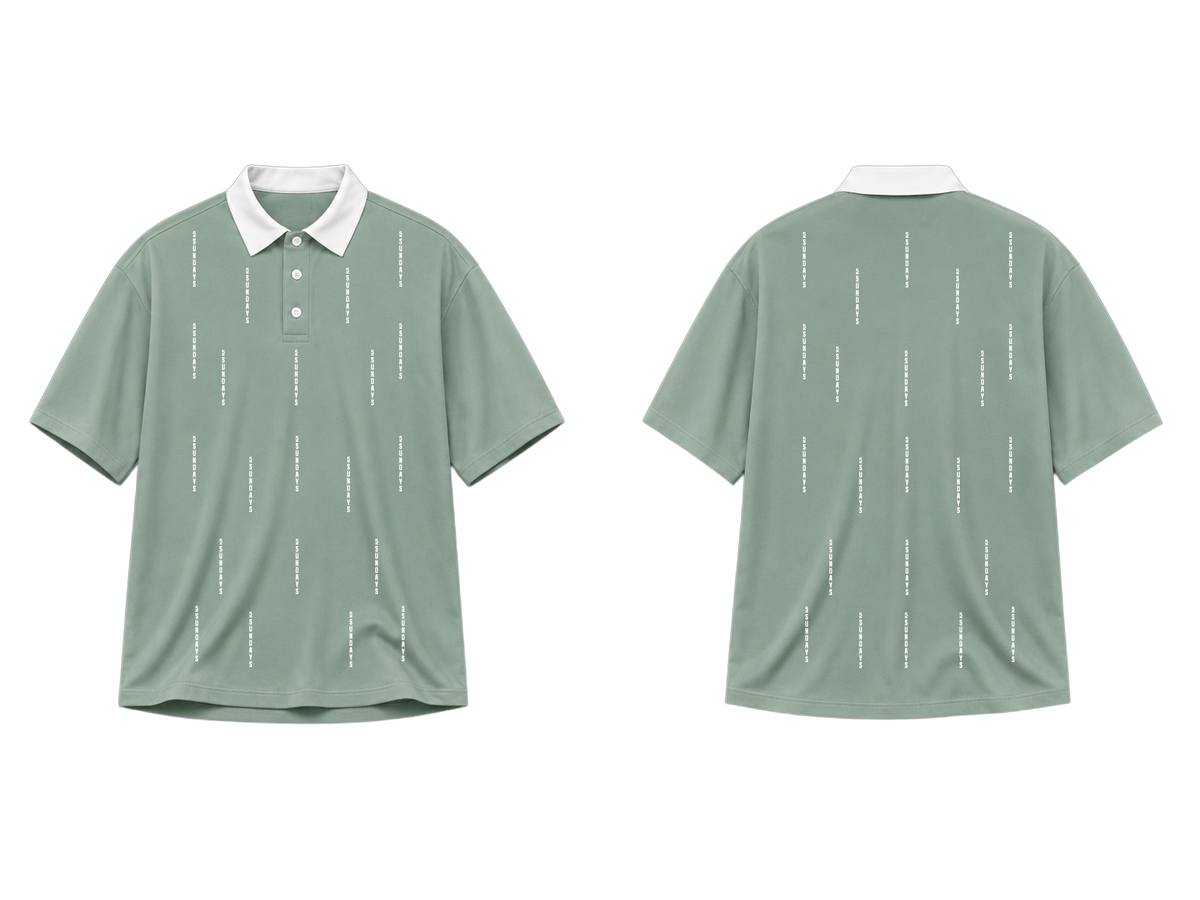 Green polo shirt with white collar and pattern on a white background