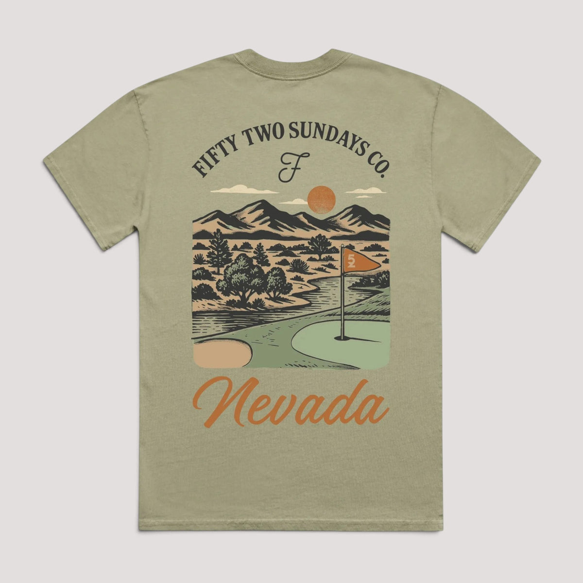 An olive green t-shirt shown from the back, featuring a retro-style graphic of a golf course landscape with mountains, a flag, and the text 'FIFTY TWO SUNDAYS CO.' and 'Nevada'.