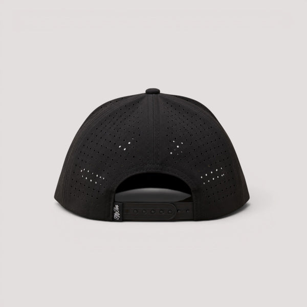 Black golf hat with perforated back panels and an adjustable snapback closure, shown from the rear on a light gray background.